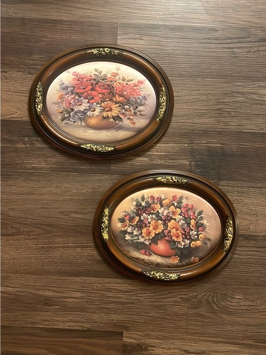 Other - Vintage German Floral Wall Art – Handmade Oval Frames – Pair